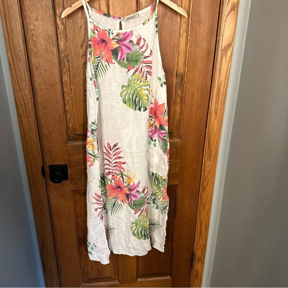 Lungo L’arno 100% Linen Floral Palm Dress Coverup Medium‎ Resort Made in Italy
